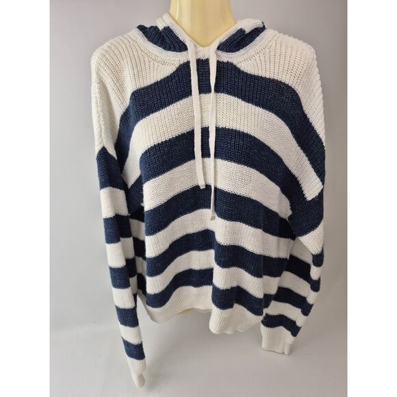 Eleventy Women's White Navy Blue Striped Cotton Linen Sweater Hoodie Size Large - Picture 4 of 7